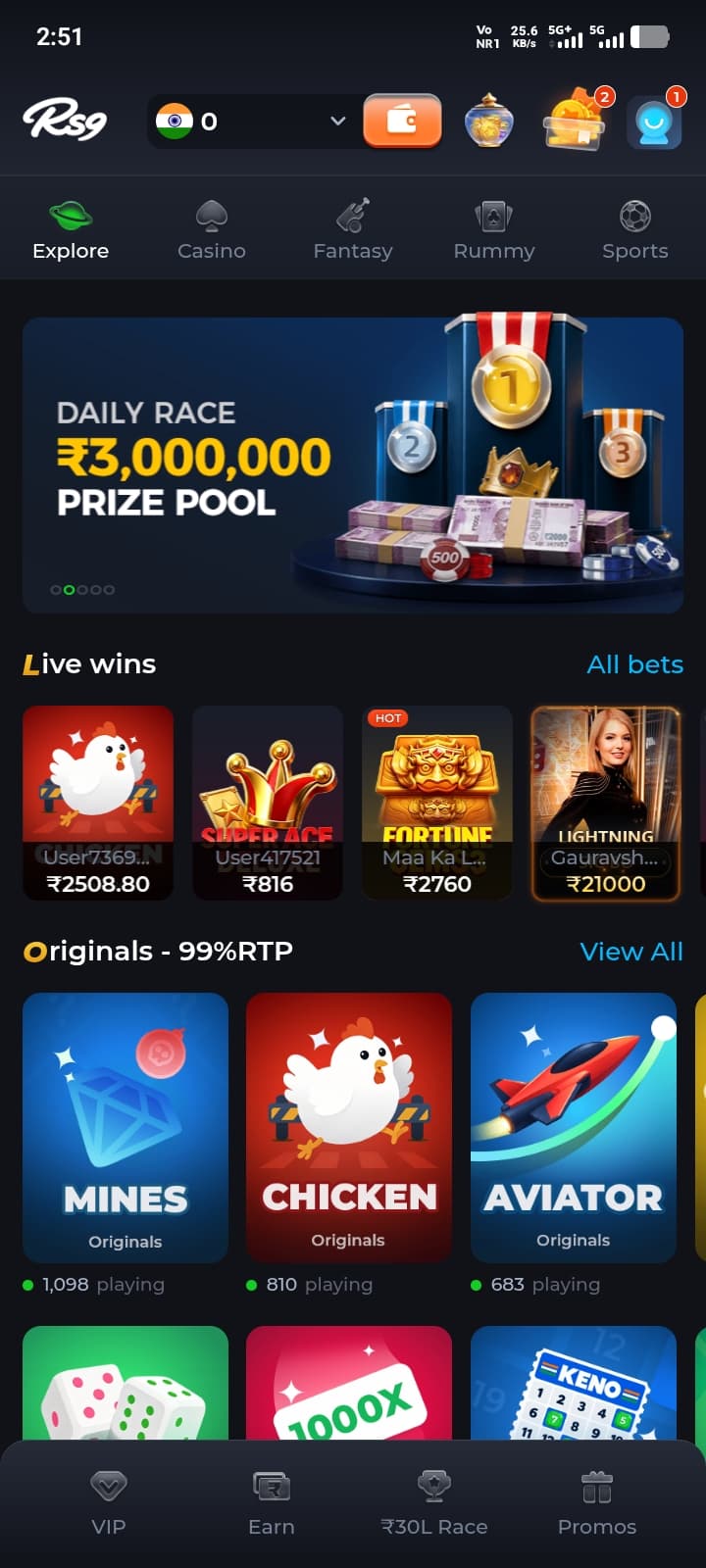 RS9 Game app home screen with Originals and Live wins